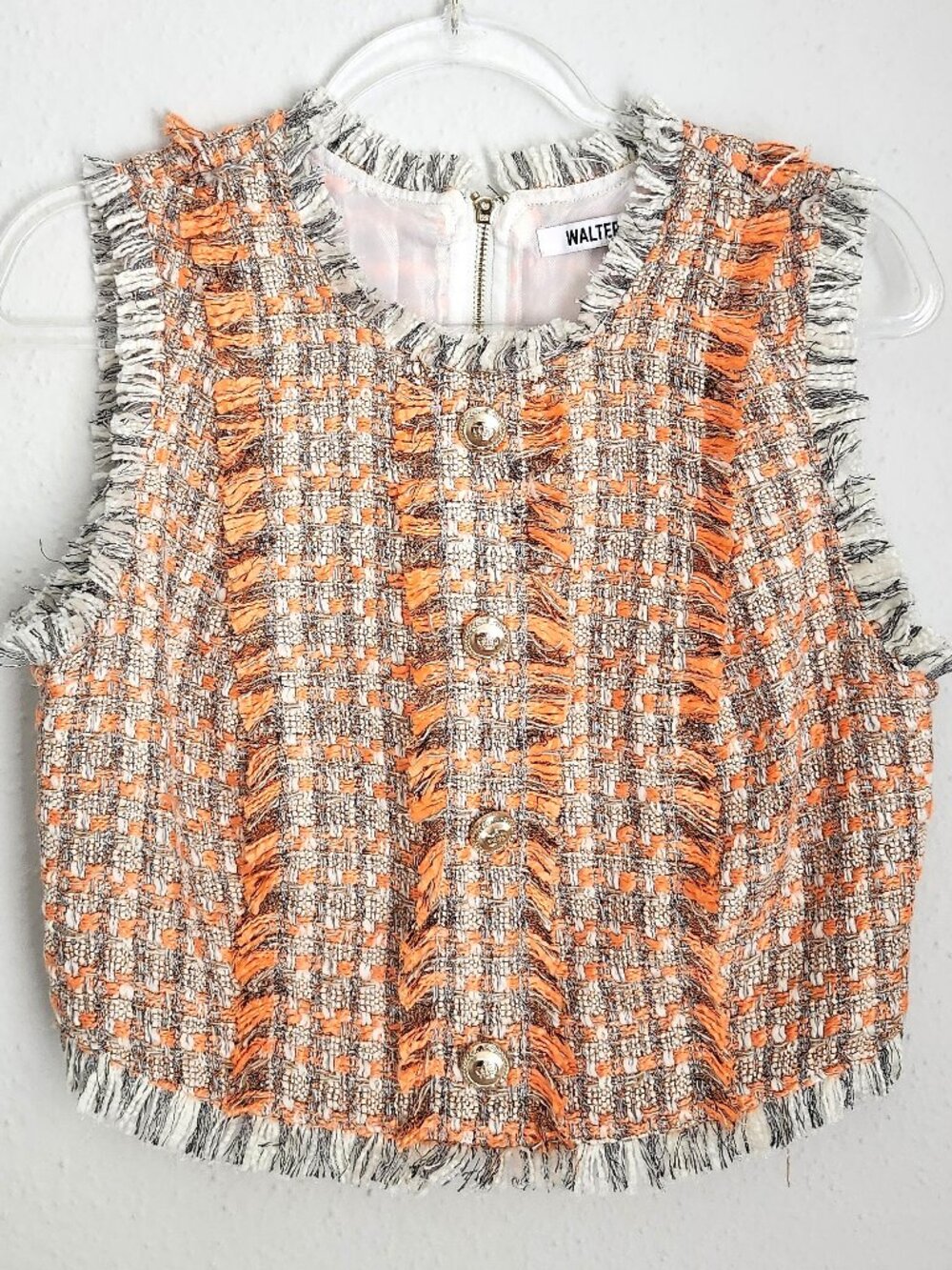 WALTER BAKER Dara Malibu Orange Tweed Fringe Top XL